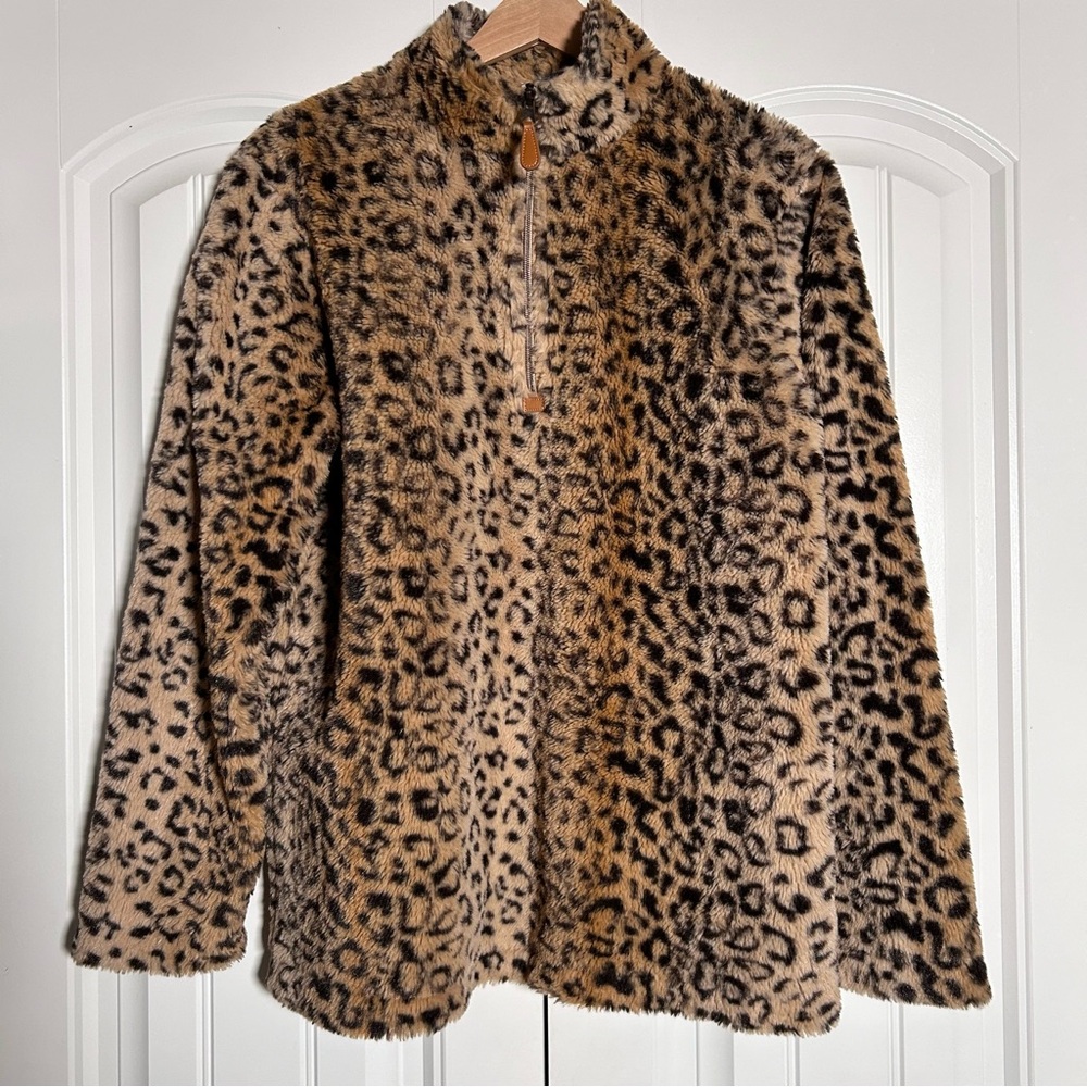 Pink Lily Pullover Women S Brown Leopard Print Faux Fur Quarter Zip Fleece